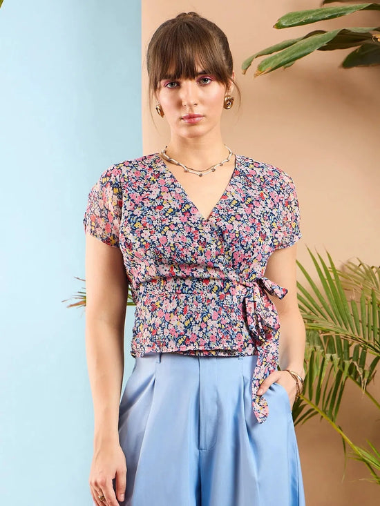 Women Navy Ditsy Floral Wrap Top