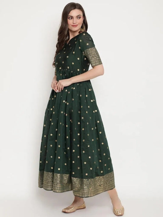 Ahalyaa Women'S Dark Green Chanderi Polka Dot Printed Kurta