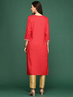 Women's Red Embellished Straight Kurta-GW-477-Red