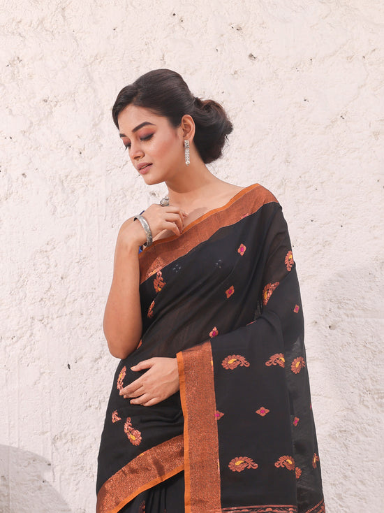 Black Cotton Saree With Woven Designs And Zari Border-MA54BCT041210044