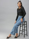 Women's Blue Solid Wide Leg Denim Jeans-GZ-5065A-Blue