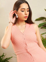 Women Peach Dobby Frill Hem Midi Dress