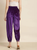 Purple Embroidered Cuff Hem Velvet Pants