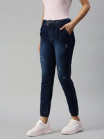 Women's Navy Blue Solid Jogger Denim Jeans-JO-22046-Navyblue