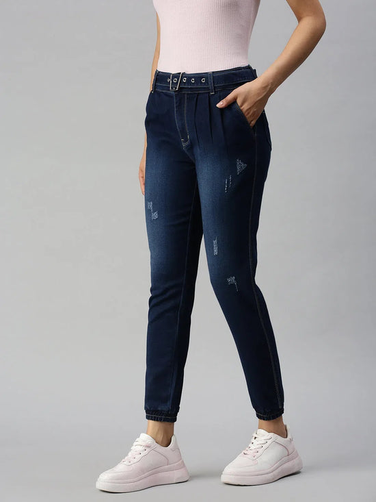 Women's Navy Blue Solid Jogger Denim Jeans-JO-22046-Navyblue