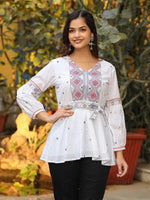 White Cotton Dobby Peplum Tunic With Multi Colored Thread Embroidery