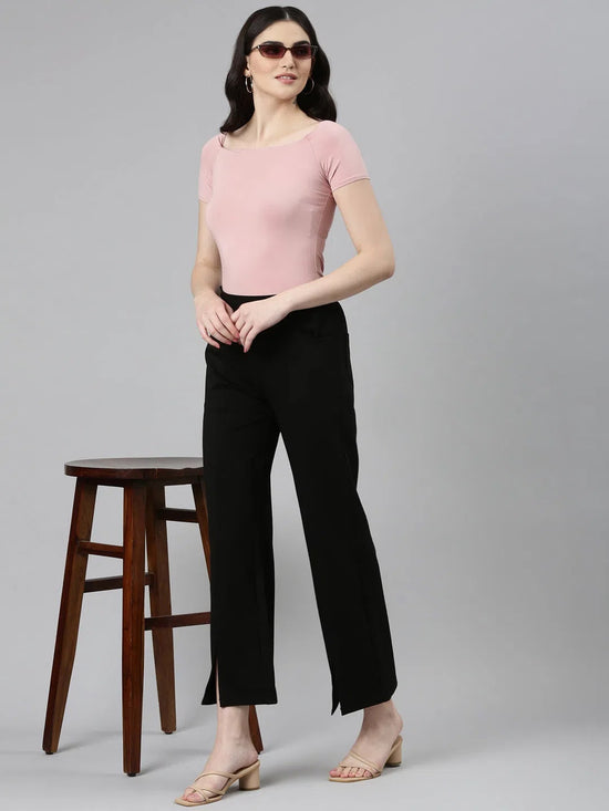 Women Black Solid Parallel Trouser-LT-KN-508-Black