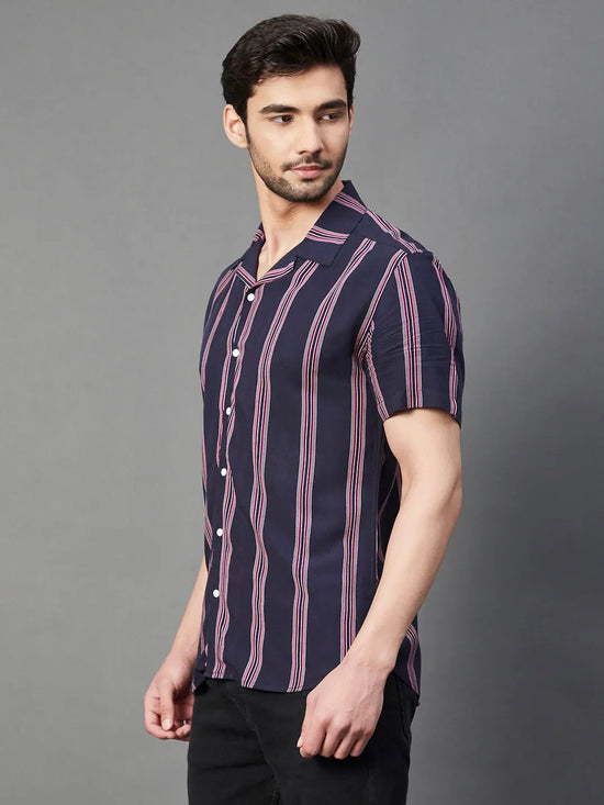 Rigo Navy Multi Stripe Cuban Collar Half Sleeve Rayon Shirt