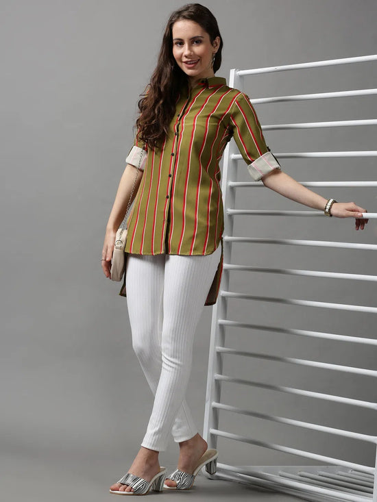 Women's Green Striped Longline Shirt-AE-10420-Olive