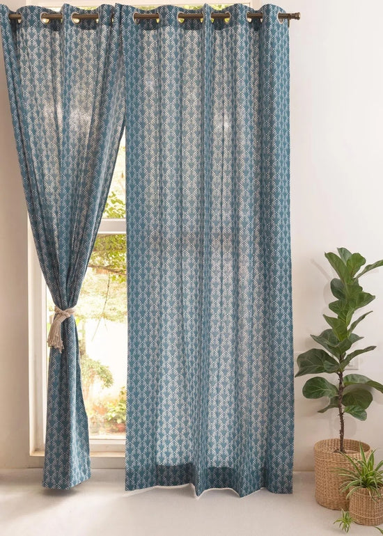 Pergola 100% cotton geometric curtain for living room & Bedroom - Room darkening - Indigo - Pack of 1-230421066