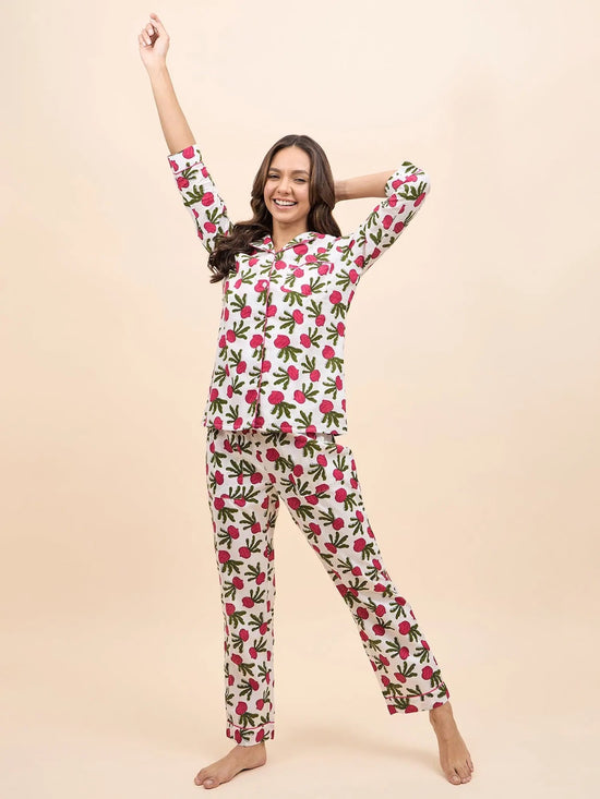 Shirt Pyjama Set in Pink color Fruit Print