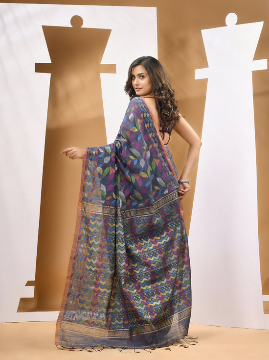 Dark Grey Cotton Blend Handwoven Saree With Paisey Motifs-MA53BCT041400058