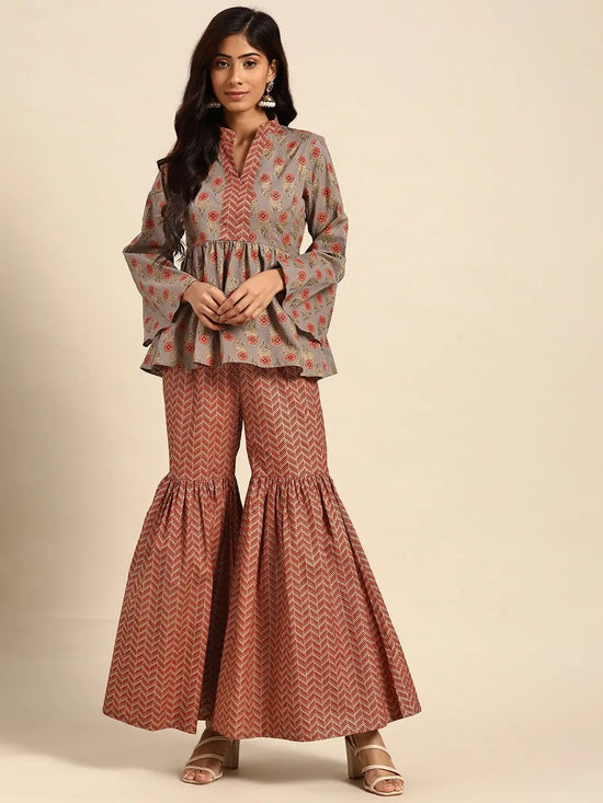 Kurti with sharara in Grey and Maroon