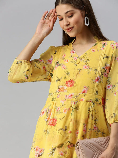 Women's Yellow Printed Fit and Flare Dress-DW-1244-Yellow