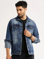 Men Blue Spread Collar Solid Denim Jacket-IB-DJ-04-6-Blue