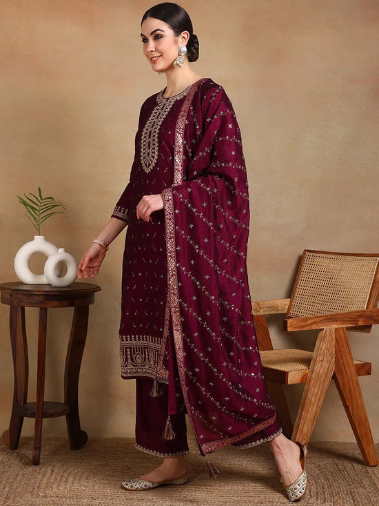 Ahika Women Burgundy Silk Blend Embroidered Straight Kurta Palazzo Set With Dupatta-PKSKD1816B_XS