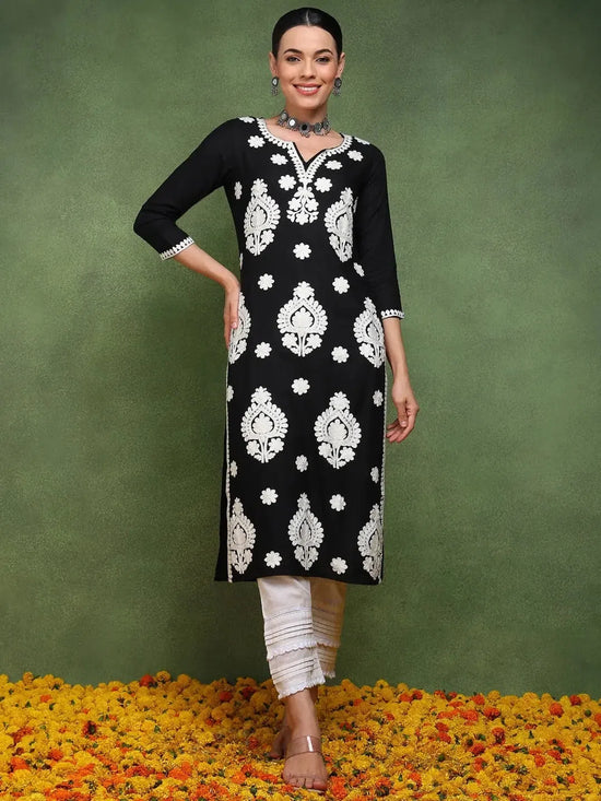 Ahika Women Black Viscose Rayon Solid Embroidered Straight Kurta