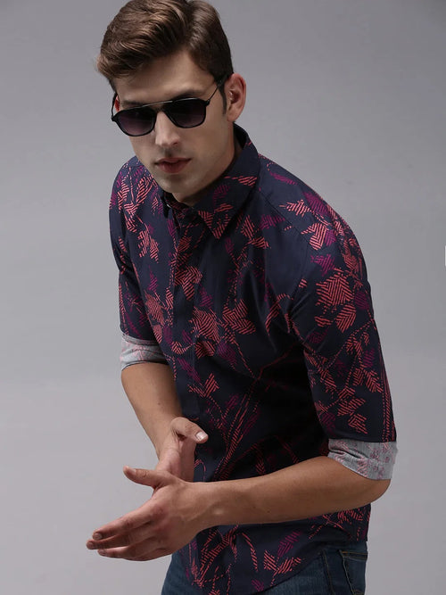 Men Blue Printed Casual Shirt-PERRYPRINT-1856-Navyblue