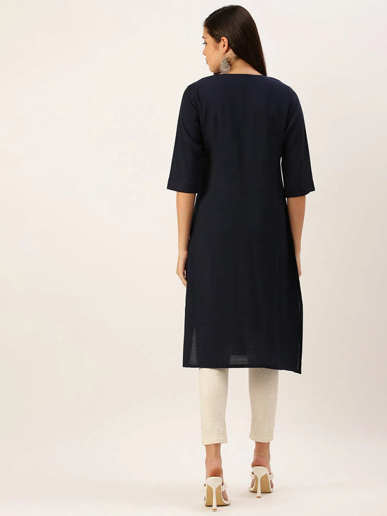 Women's Navy Blue Solid Straight Kurta-DF-1198-Navyblue