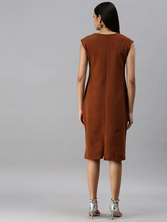 Women Brown Solid A-Line Dress-AE-9882-Brown