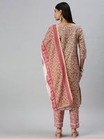 Women's Beige Printed Kurta Sets-SS362A-Cream