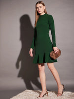 High neck mini dress with frill at bottom in Green Color