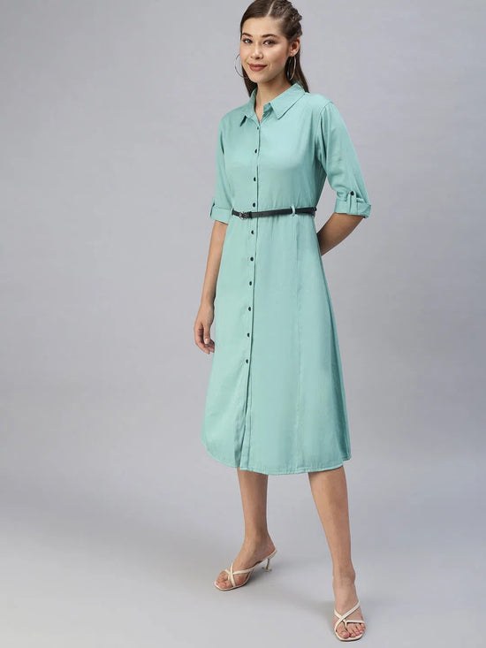 Women's Green Solid Shirt Dress-AE-444955-Green