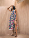 Women Blue & Pink Ethnic Print Front Slit Strappy Midi Dress