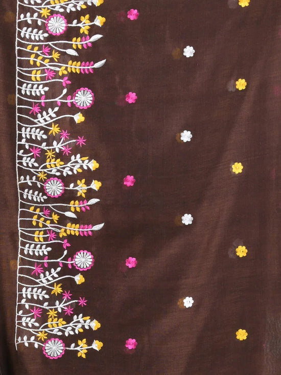 All Over Thread Floral Embroidery Brown Cotton Saree-MA62CT33610072