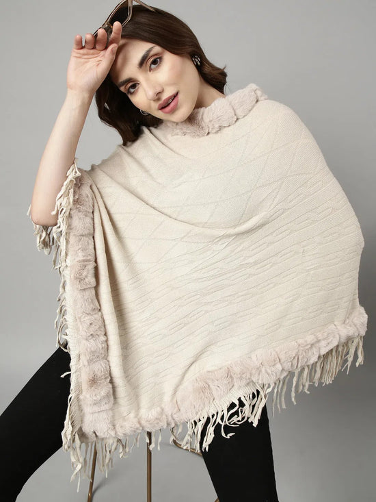 Women Solid Cream Longline Poncho-CHN-9913-Cream