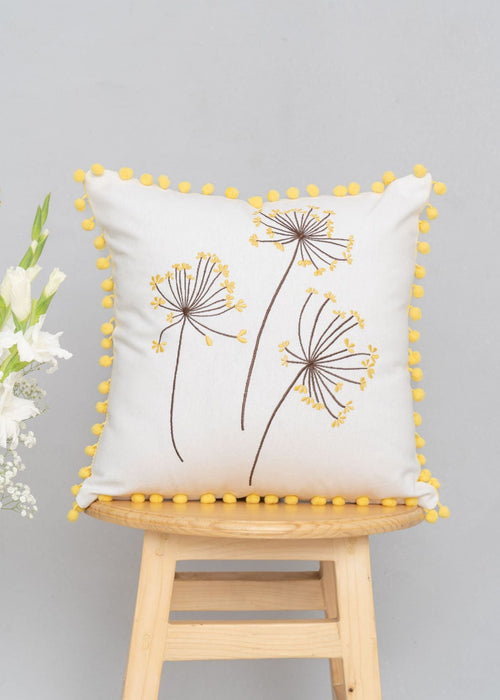 Dancing Dandelion embroidered cotton cushion cover with tassels for sofa - Yellow-230454018