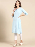 Women's Blue Solid Straight Kurta-DF-1545-Blue