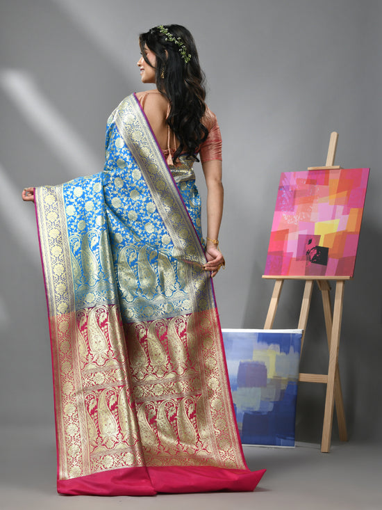 Sky Blue Silk Banarasi Saree With Zari Woven Floral And Paisley Designs-MA52BSL441050045