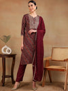 Ahika Women Maroon Cotton Blend Embroidered Straight Kurta Pant Set-VKSKD2185_XS