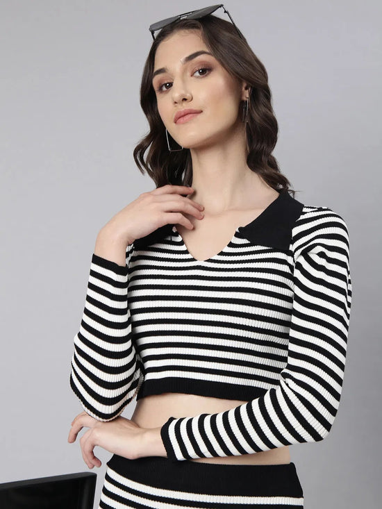 Women White Striped Co-Ords-SNC-10-Whiteblack