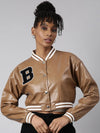 Women Solid Crop Brown Drop Shoulder Oversized Varsity Jacket-8940-Brown