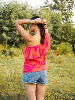 One shoulder Frill Top in Pink and Orange Print