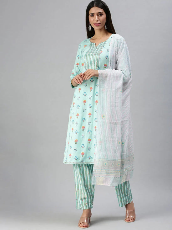 Women's Blue Printed Kurta Sets-SG06-Blue