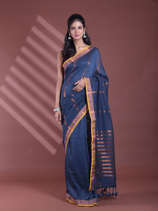 Dark Grey Pure Cotton Zari Stripe Soft Saree With Zari Border-MA59CT06520064