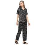 Smarty Pants Women's Silk Satin Black Color Floral Print Night Suit