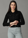 Women's Black Solid Denim Jacket-LT-JKT-105373-Black