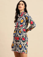 Front tie up shirt dress in Blue and Pink Ikkat Print