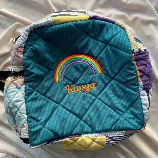 Upcyclie Patchwork Quilted Water Resistant Lining Eye Catching, Toddler Backpack With Embroidery Name With Front Pocket (Rainbow) _Multicolor 43.18x33x20.32x6 cm