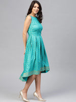 Deep back box pleated Midi Printed Dress in Mint Blue