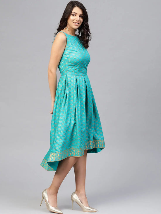 Deep back box pleated Midi Printed Dress in Mint Blue