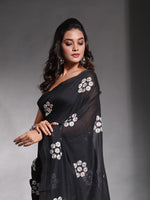 Black Pure Cotton Soft Saree With Floral Embroidery Work-MA54CT33580089