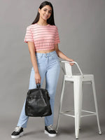 Women's Peach Striped Cinched Waist Crop Top-AE-10503-Peach