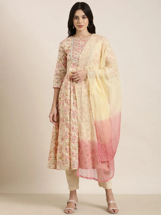 Women Anarkali Cream Floral Kurta and Trousers Set Comes With Dupatta-BC-SK-1789-Cream