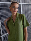 Women Green Knit Notch Collar Shirt With Darted Pants