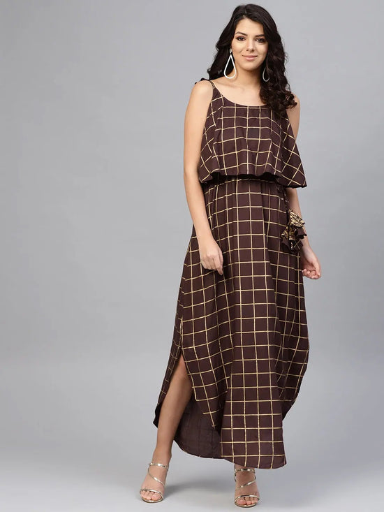 Printed Flare yoke with U hem long dress in Brown